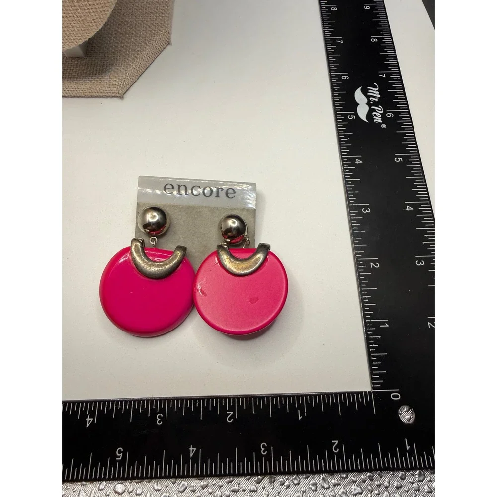 Vintage Encore Hot Pink Geometric Drop Earrings 80s Silver Tone Post Statement
